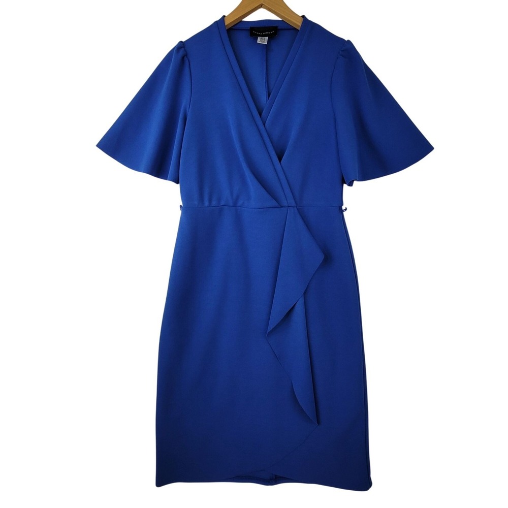 VTG Donna Morgan Dress Blue Flutter Sleeve Ruffle Faux Wrap Y2K Size 6